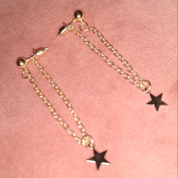 Gold Tiny Star Charm Chain Loop Dangle Stud Earrings Delicate Dainty Stars Loop - Picture 2 of 5